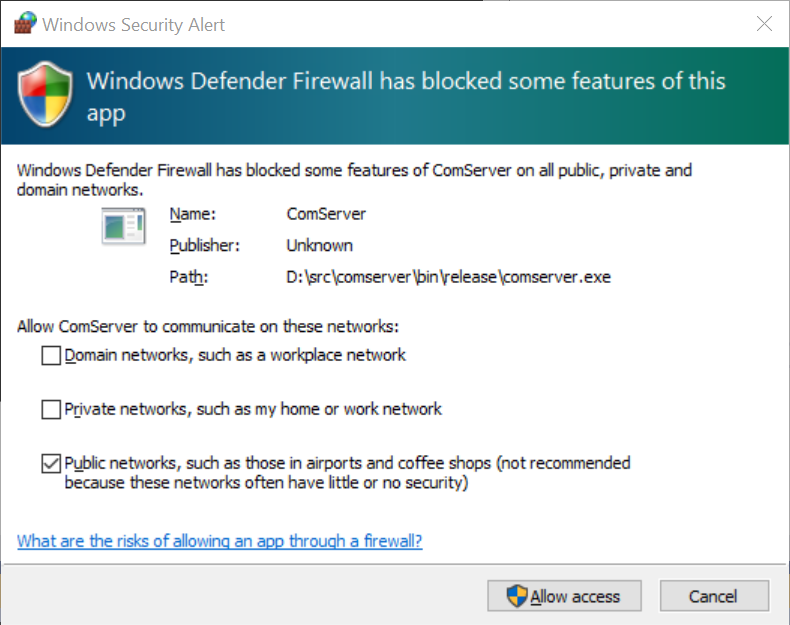 Firewall dialog for the COM server when a TCP binding is created