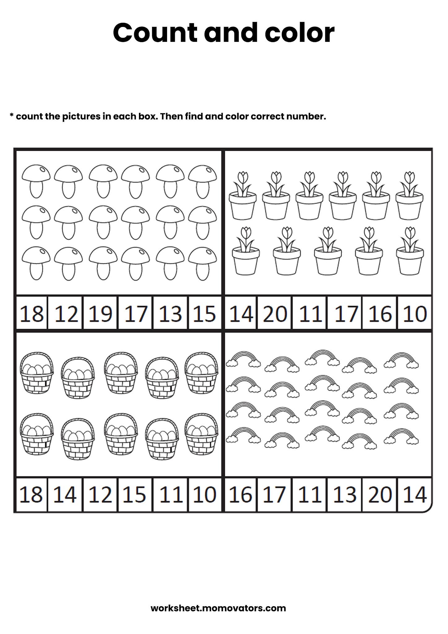 Count and Color 1 20 worksheets - Worksheets PDF