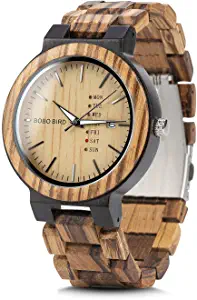 Mens Wooden Watch Bamboo Handmade Quartz Watch Analog Zebra Lightweight Casual Wrist Watche