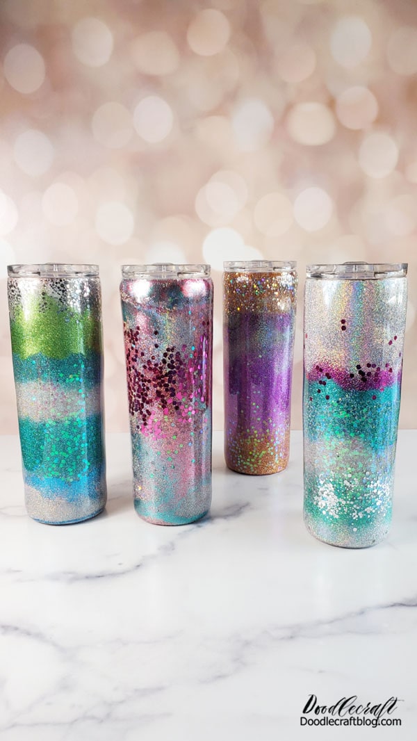After a thin layer of resin is applied to the tumbler, sprinkle on some more glitter.   If the glitter falls off now, it will most likely have resin or become mixed with other glitters, so this part was a little more wasteful.