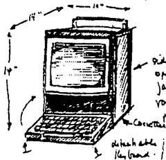 Návrh Alana Kaye na tzv. KiddyKomp z roku 1971. Podobnost s Macintoshem z roku 1984 (včetně rukojeti) čistě náhodná? Kliknutím si zobrazíte první Mac.