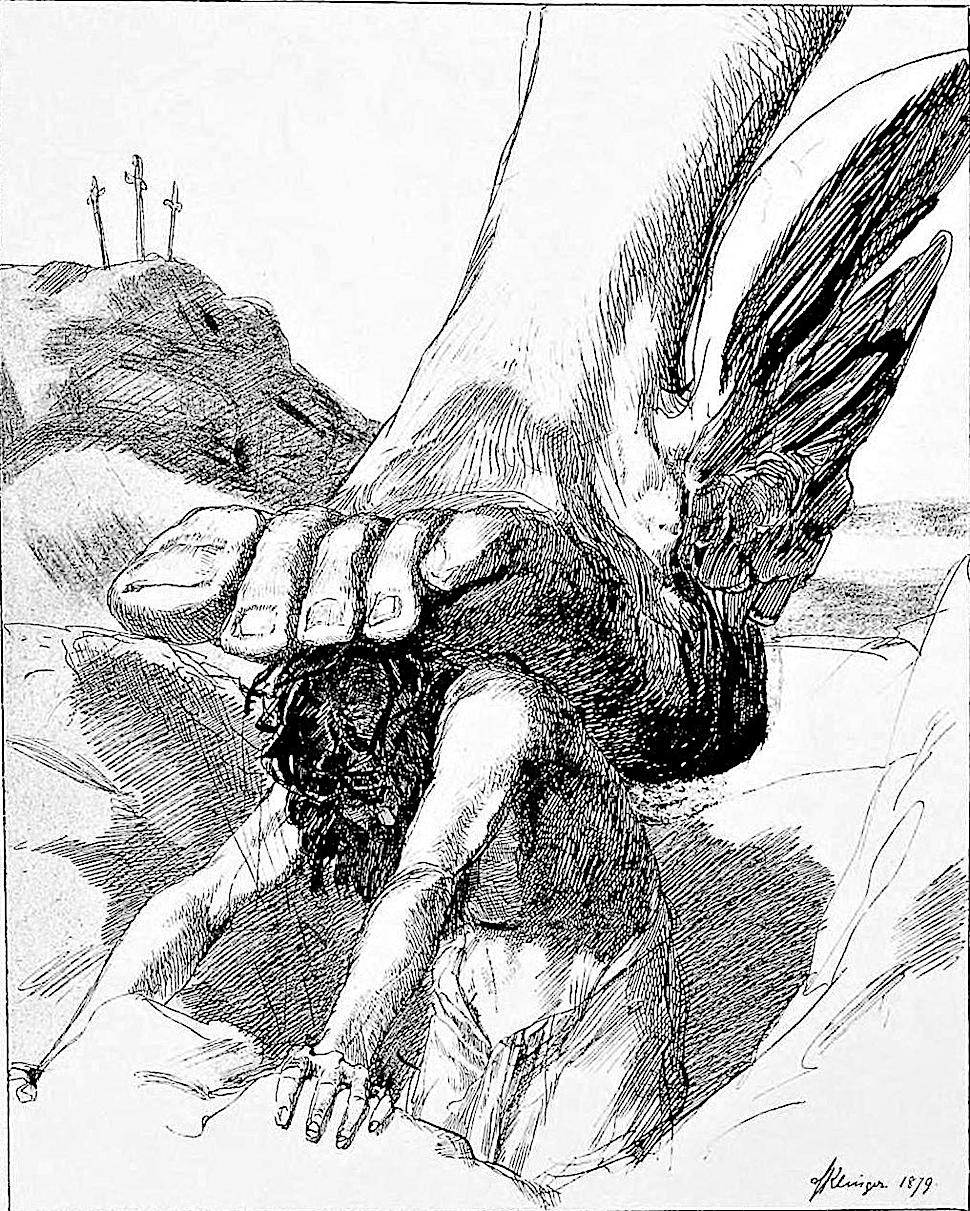 Max Klinger art 1879, the giant winged foot of Mercury squashes a small man