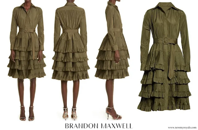 Queen Rania wore Brandon Maxwell Ruffle Tiered Long Sleeve Shirtdress In Olive