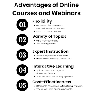 The infographic illustrates the advantages of online learning for PMP renewal and provides tips for finding quality resources.