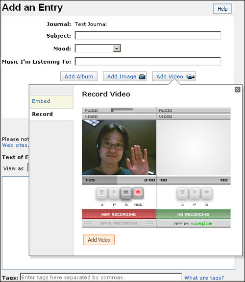 Record video blog entries directly from your webcam