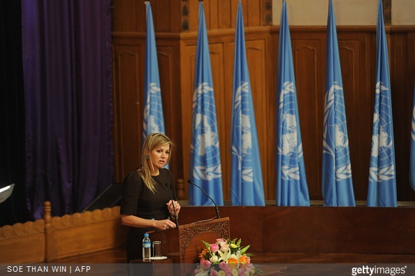Queen Maxima of the Netherlands delivers a speech at Yangon University in Yangon