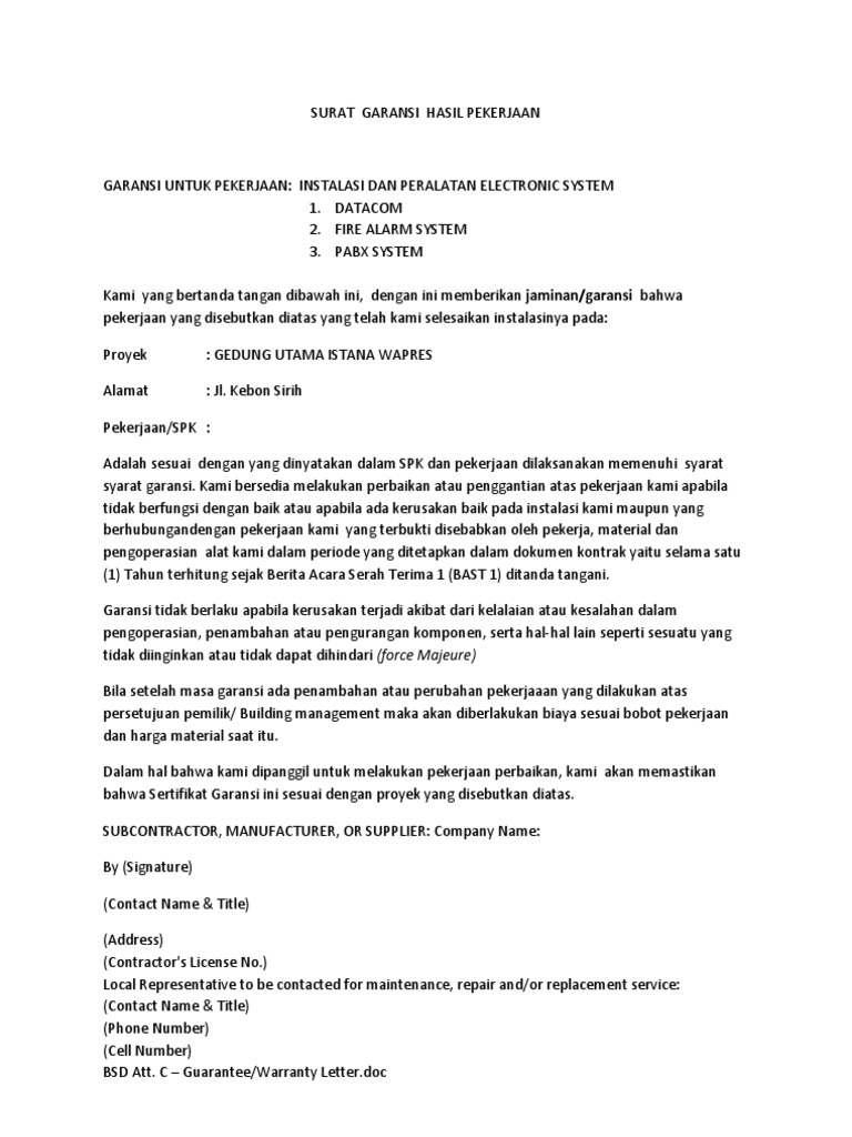 Contoh Surat Jaminan Garansi Produk Contoh Surat