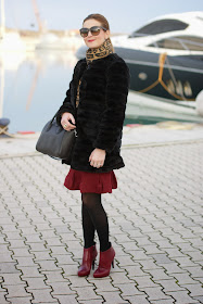 Black faux fur coat, Carven burgundy dress, leopard scarf, Givenchy Antigona bag, Icone burgundy boots, Fashion and Cookies, fashion blogger