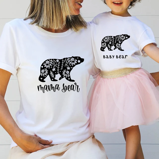 Matching white t-shirts from PinkPositiveShop with Mama Bear and Baby Bear print