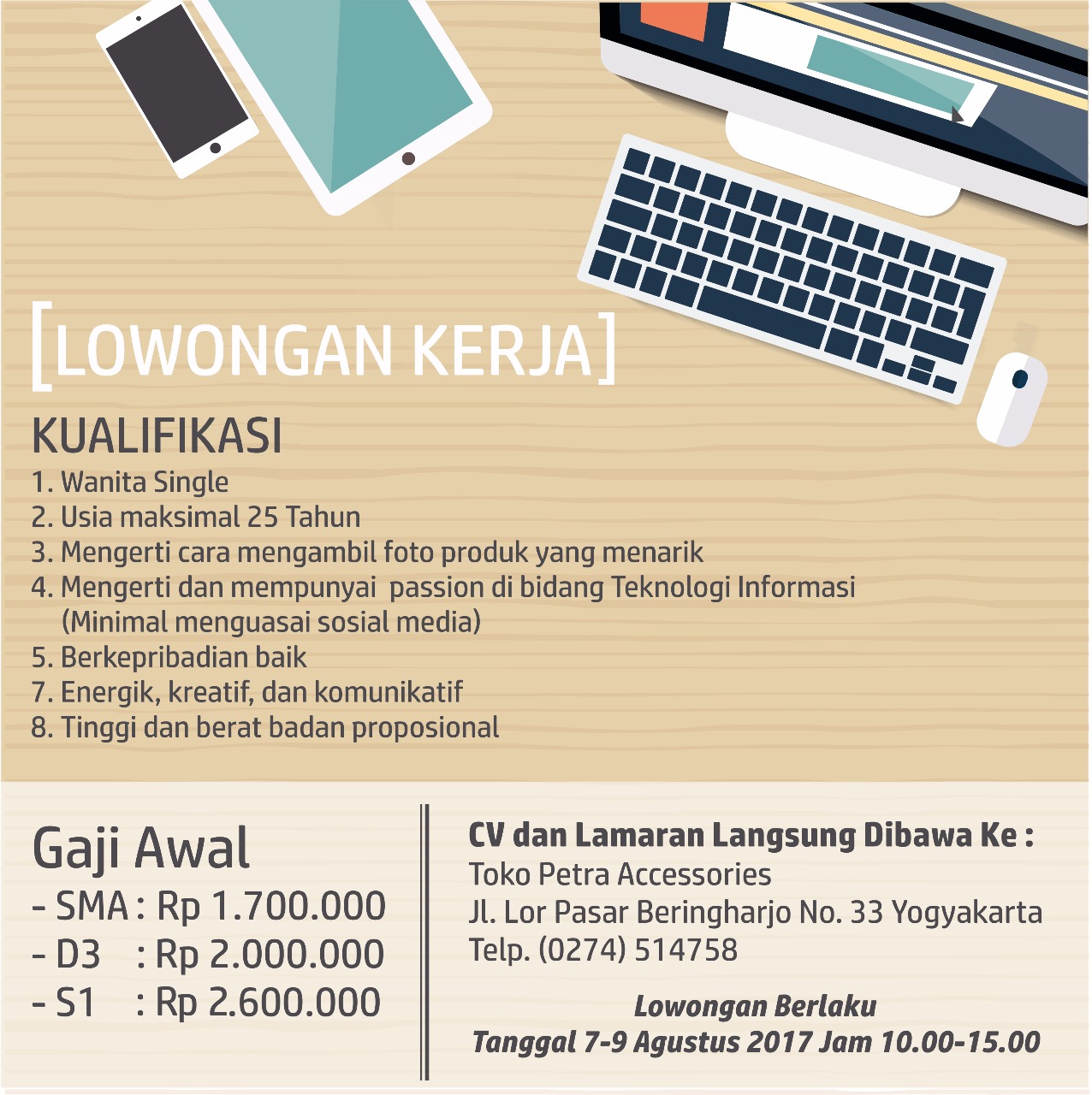 Lowongan Karyawati di Toko Petra Accessories - Yogyakarta 