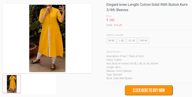  Elegant knee Lenght Cotton Solid With Button Kurti 3/4th Sleeves