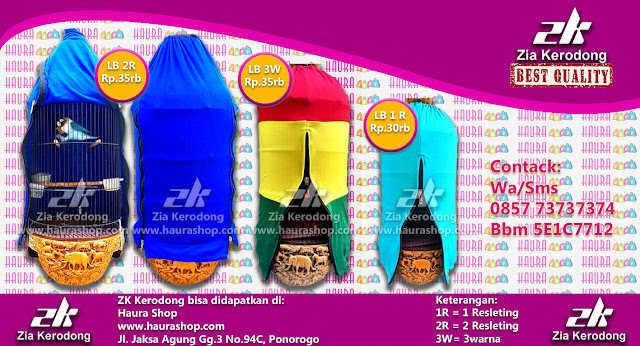 Krodong ini ada yang memiliki 1 Resleting (1R), 2 Resleting (2R), 1 Warna (1W) dan 3 Warna (3W). Terdapat tali dibagian atas yang berfungsi untuk mengencangkan atau mengikat krodong. Bisa dgunakan untuk sangkar pleci, sangkar kotak, sangkar lovebird, sangkar murai, dll.