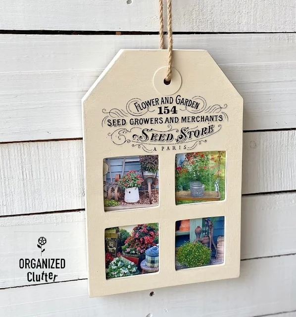 Photo of tag collage frame with flower garden photos and garden decor transfer