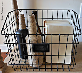 Vintage, Paint and more... wire basket with painted and twine wrapped bottles