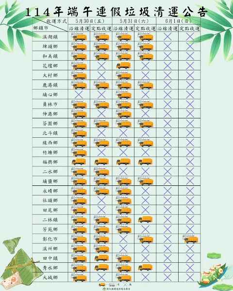 ▲彰化縣端午連假垃圾清運時間異動一次看。（彰化縣政府提供）