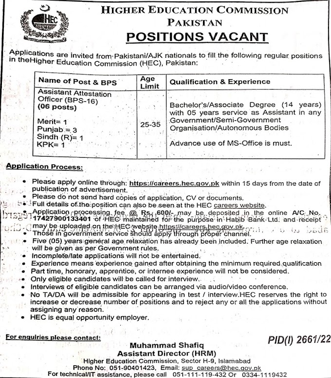 Higher Education Commission HEC Jobs 2022 