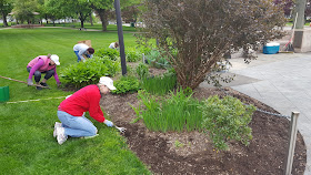 volunteers from the Franklin Garden Club were hard at work on the grounds  at the Town Common with help from some of the Newcomers Club