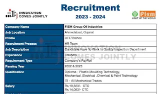 ITI and Diploma Freshers Females Candidates Jobs Recruitment in FIEM Industries Ahmedabad, Gujarat