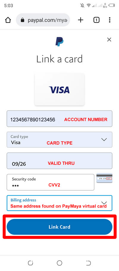 input paymaya virtual card details