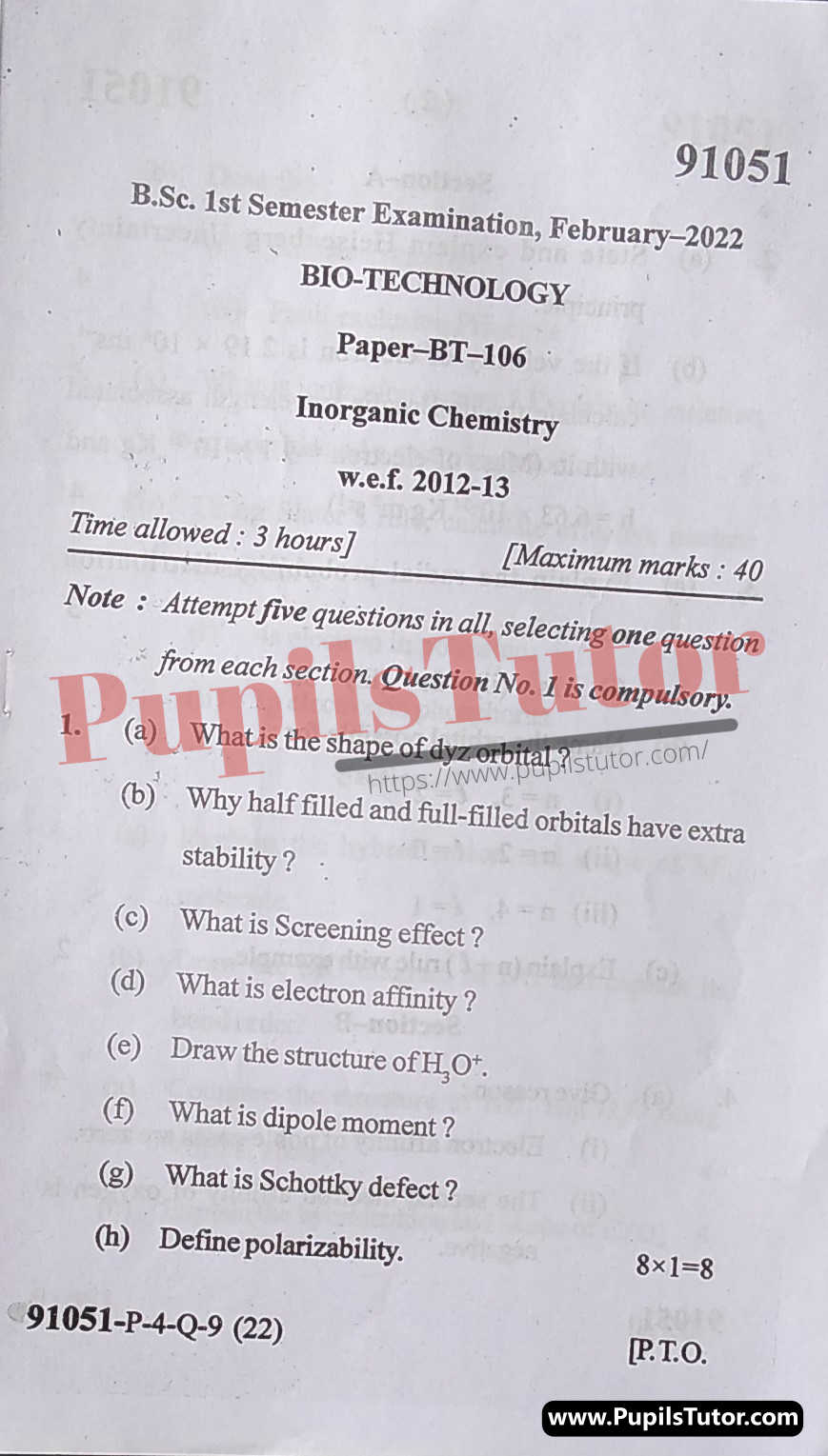 MDU (Maharshi Dayanand University, Rohtak Haryana) BSc Biotechnology Pass Course First Semester Previous Year Inorganic Chemistry Question Paper For February, 2022 Exam (Question Paper Page 1) - pupilstutor.com