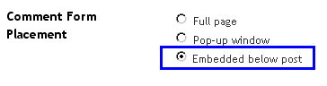 comment form embedded under post setting radiobutton manual