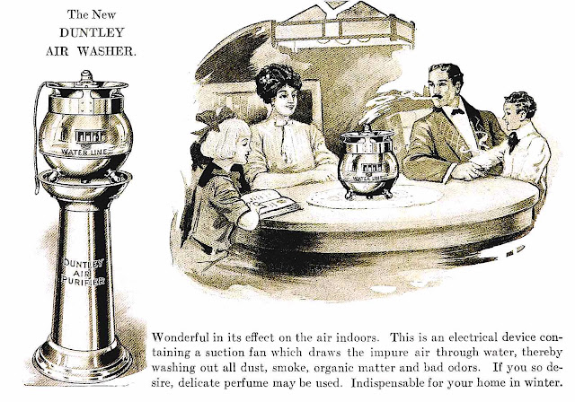 a 1912 Duntley electric Air Washer illustrated, removes smoke from air