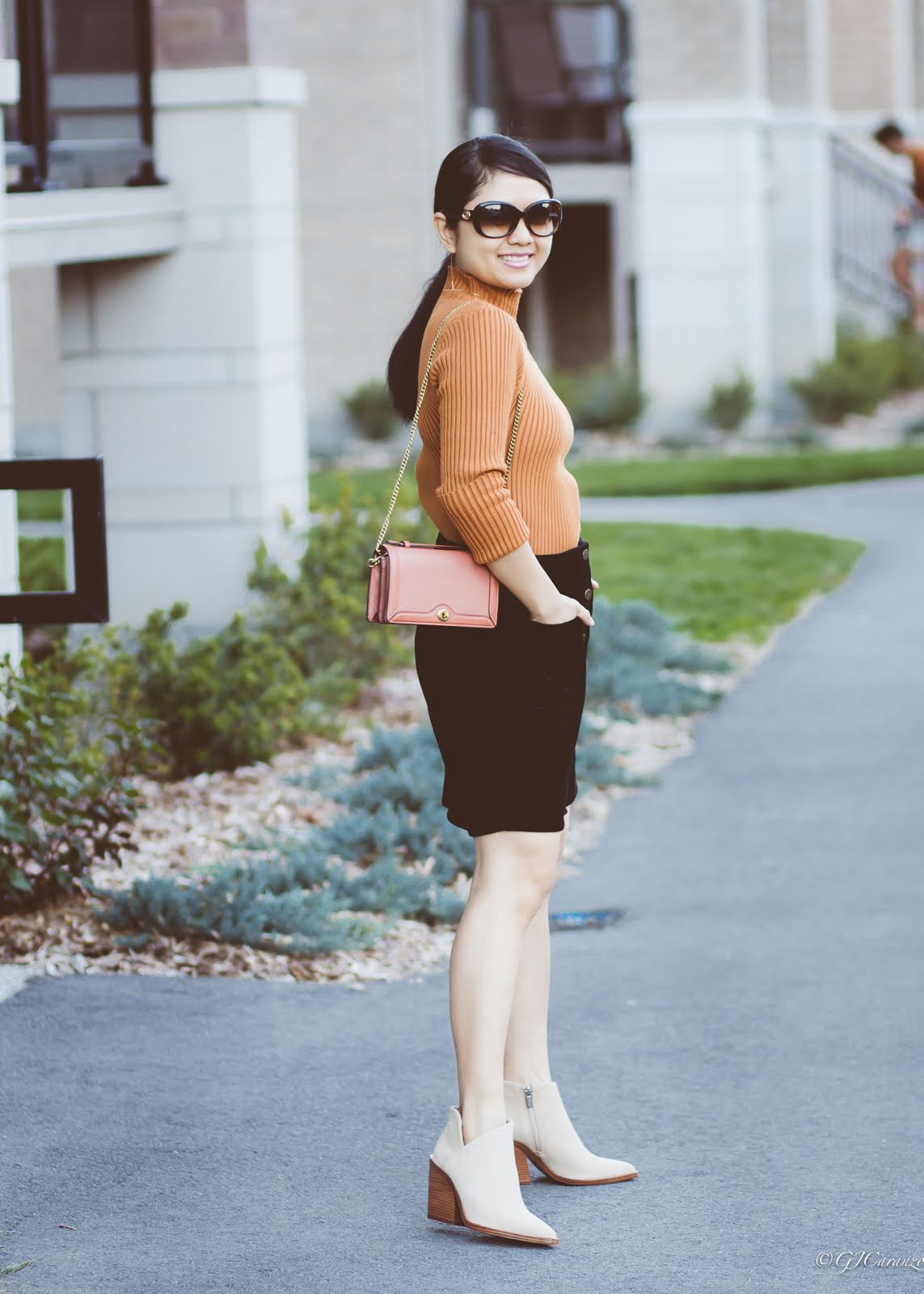 Corduroy Skirt | Brown Sweater | Vince Camuto Ankle Boots | Gucci Sunglasses | Coach Chain Clutch | Apple Watch SE | Petite Fashion | Fall Outfit
