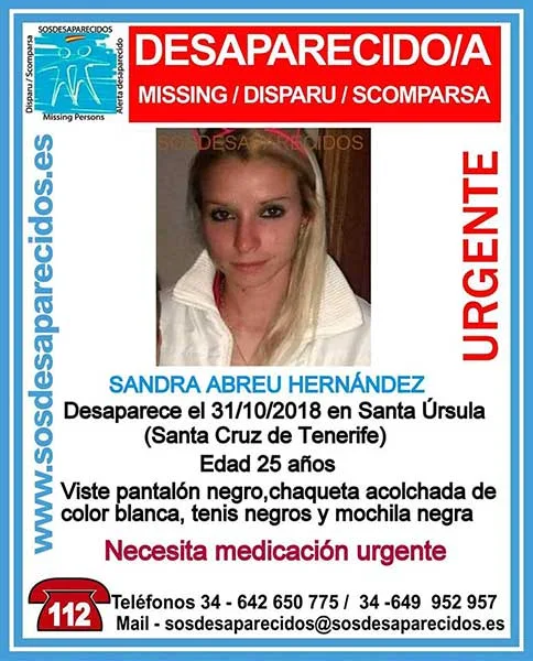 La joven Sandra Abreu Hernández, desaparecida en Santa Úrsula, Tenerife, necesita medicación urgente