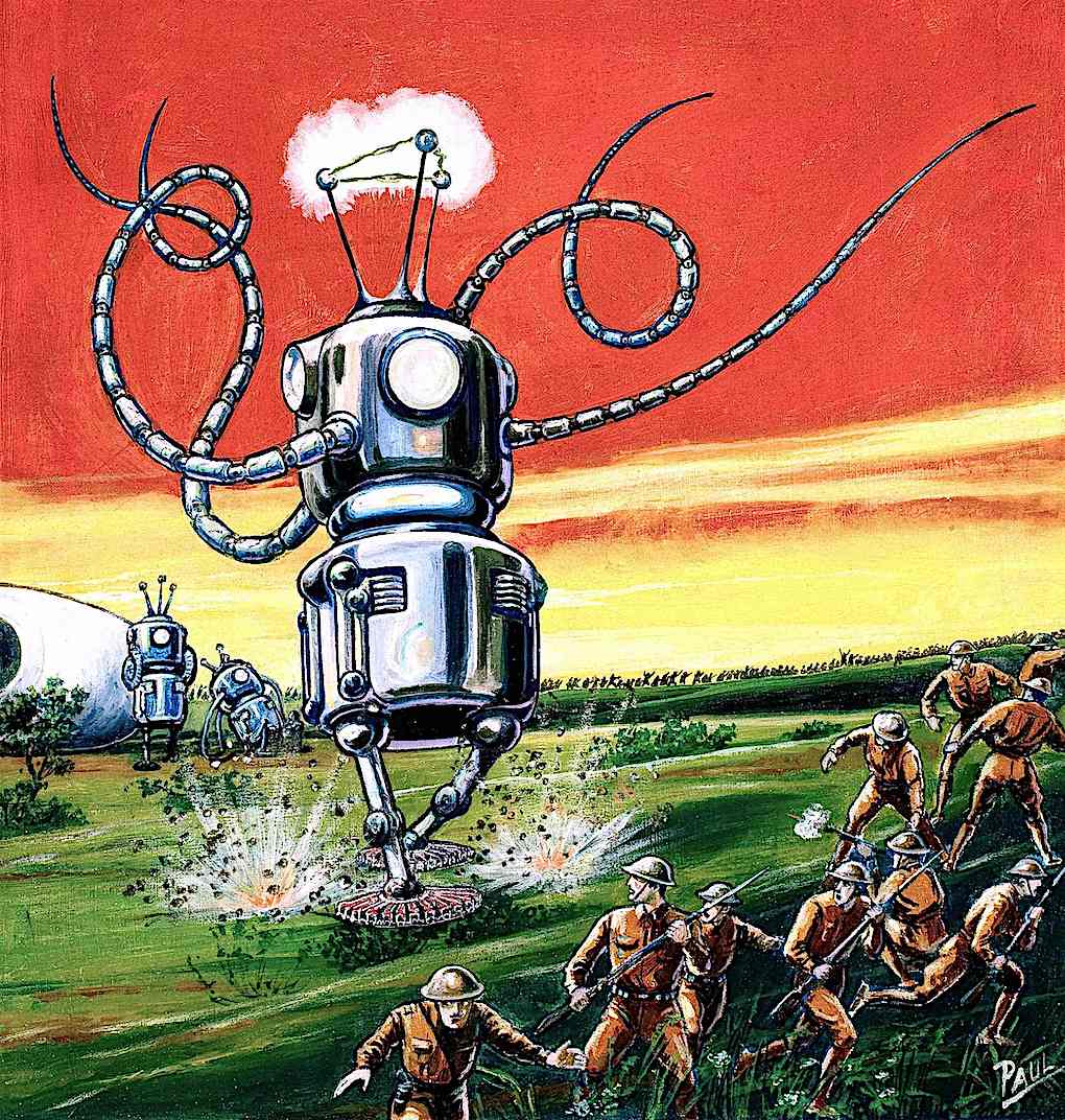 a Frank R. Paul color illustration of giant robots attacking soldiers