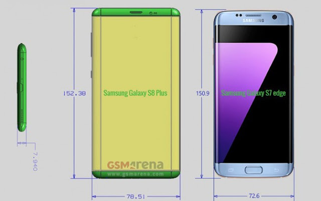 Perbedaan ukuran Samsung Galaxy S8 Plus dan Galaxy S7 edge (GSMarena)