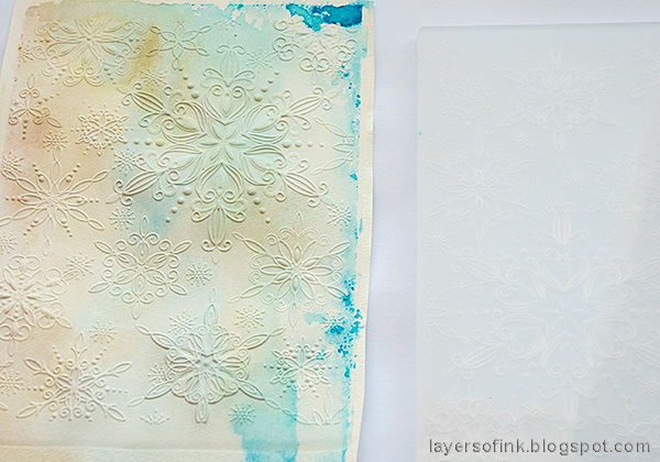 Layers of ink - Textured Snowflake Card Tutorial by Anna-Karin Evaldsson.  Emboss in the Filigree Snowflake folder.