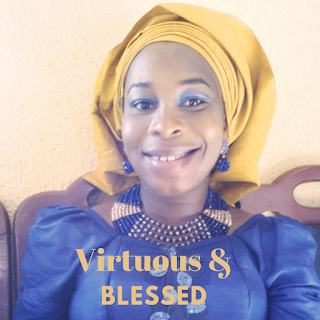 Smiling woman with inscription: virtuous and blessed
