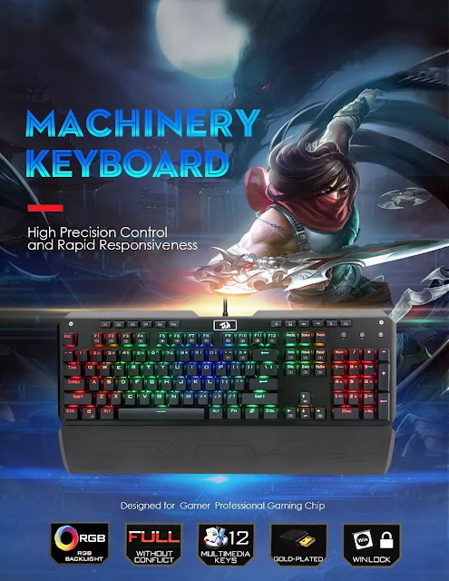 Redragon K555 104 Keys NKRO USB Wired Blue Switch RGB Backlight Mechanical Gaming Keyboard with Wrist Pad for PC Laptop 