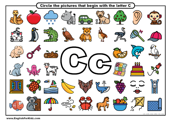 Find and circle pictures that start with letter C - free ABC worksheet