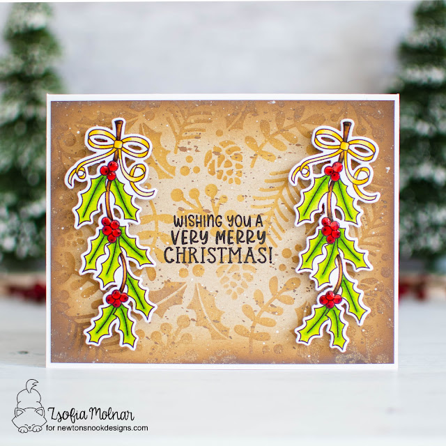 Christmas Card by Zsofia Molnar | Bells & Holly Stamp Set and Holiday Foliage Stencil by Newton's Nook Designs