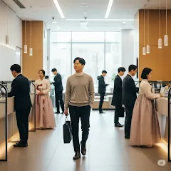 고객이 창구 상담 예약으로 빠르게 입장하는 은행 로비 모습