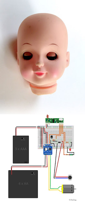 Creepy remote control glowing doll head