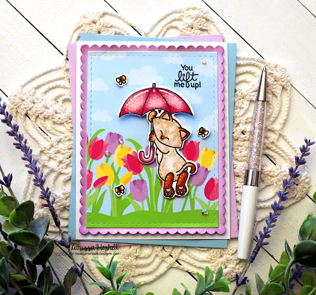 Cat and Umbrella Card by Larissa Hekett | Newton's Umbrella Stamp Set, Spring Blooms Paper Pad and Frames & Flags Die Set, by Newton's Nook Designs
