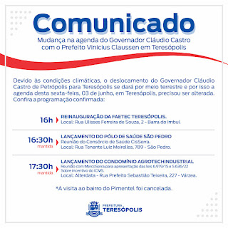 Alteração na agenda do Governador Cláudio Castro em Teresópolis