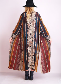 Vintage 1980's Bohemian stripe floor length kimono jacket with side slits. 