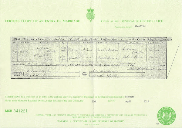 1853 UK Marriage certificate for Andrew Doyle and Elizabeth Laws