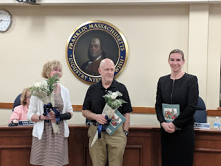 Bob O'Brian flanked by School Committee Chair Ann Bergen and Superintendent Sara Ahern