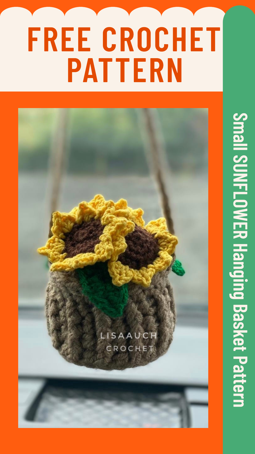 Small Crochet Sunflower Hanging Basket Pattern - Crochet your own car accessory! Easy Crochet Project that is FREE, Easy, and Fun to crochet.