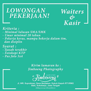 Lowongan WAITERS & KASIR UNTUK WEDANGAN JIMBOENG.