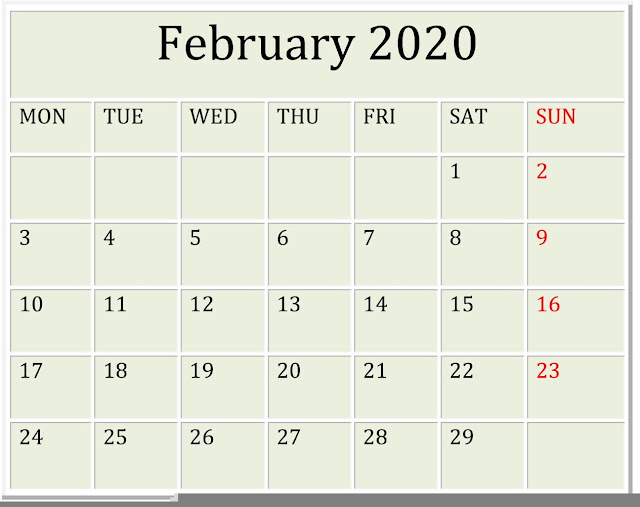  February 2020 Calendar Template 