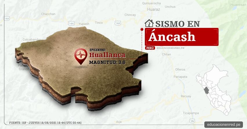 Temblor en Áncash de Magnitud 3.6 (Hoy Jueves 19 Agosto 2021) Sismo - Epicentro - Huallanca - Huaylas - IGP - www.igp.gob.pe