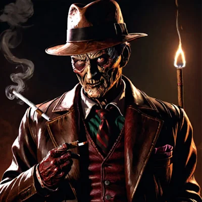 Freddy Krueger with an evil look on his face smoking a cigar wearing a leather trench coat burnt sienna color