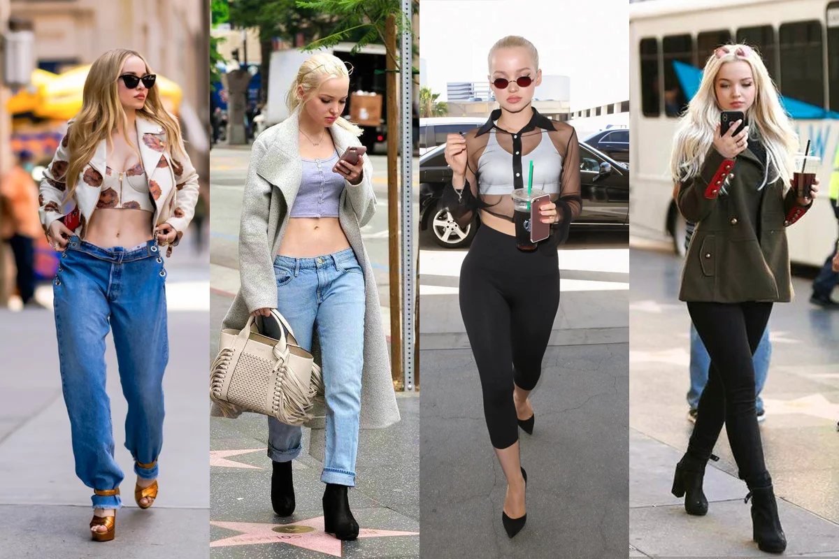 collage with four images showing Dove Cameron's style evolution through the years  day-to-day streetwear style