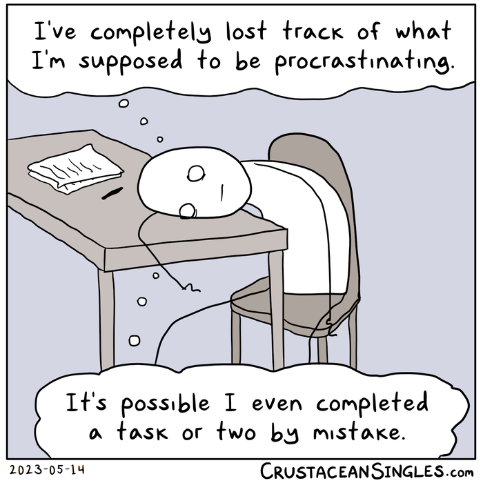 A stick figure sits at a desk, resting their head on its surface and looking frazzled. Thought bubbles: "I've completely lost track of what I'm supposed to be procrastinating. / It's possible I even completed a task or two by mistake."