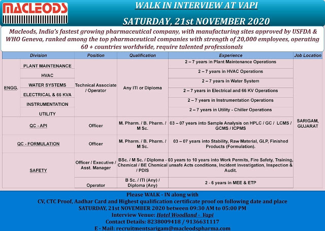 Macleods Pharma | Walk-In  for Multiple Positions in Engineering / QC / Safety on 21st Nov 2020 at Vapi